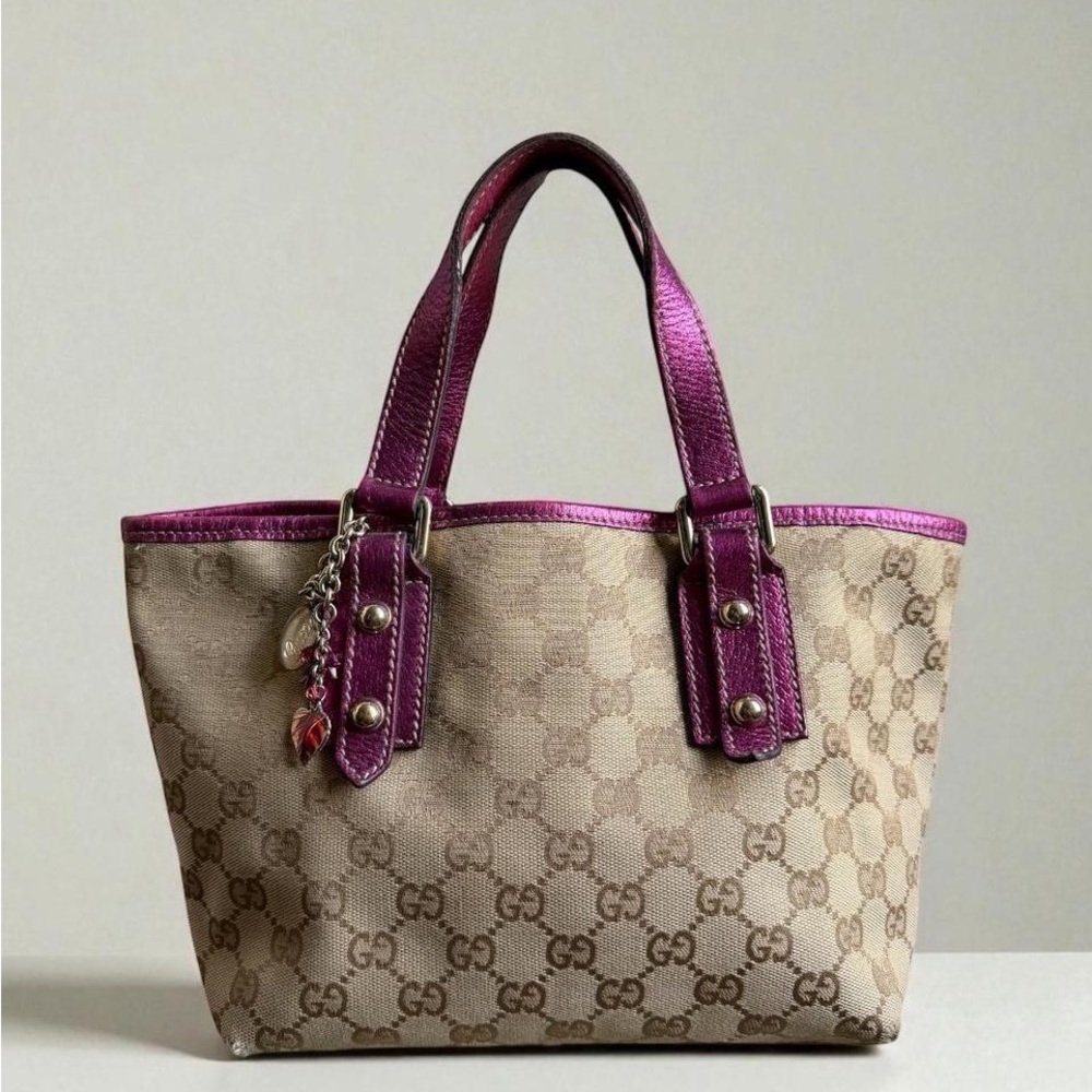GUCCI metallic mini bag in beige canvas and magenta leather